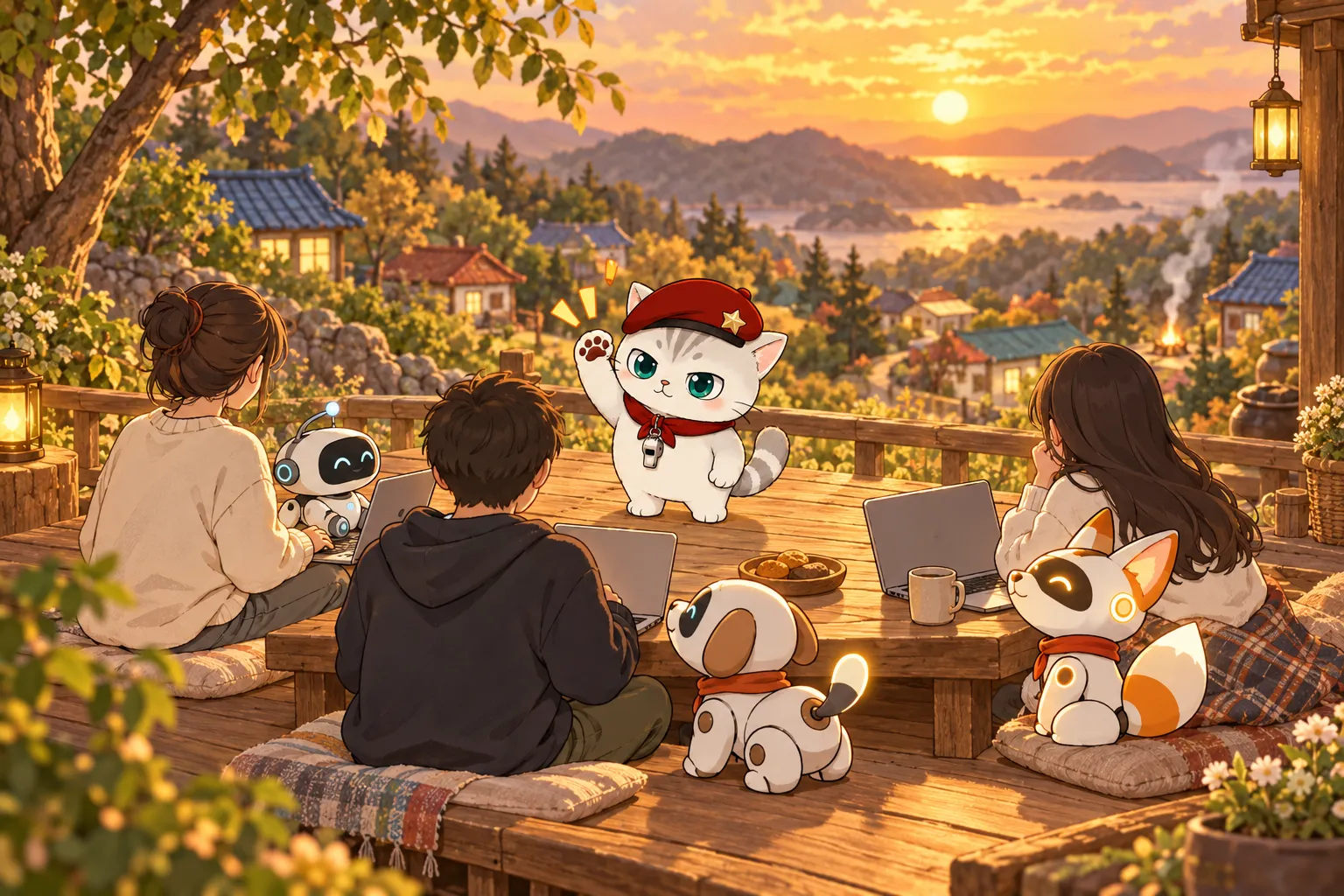 노을 진 마을 평상에서 노트북을 펴고 앉은 사람들과 반려AI 봇들, 가운데서 손 흔드는 뽀야